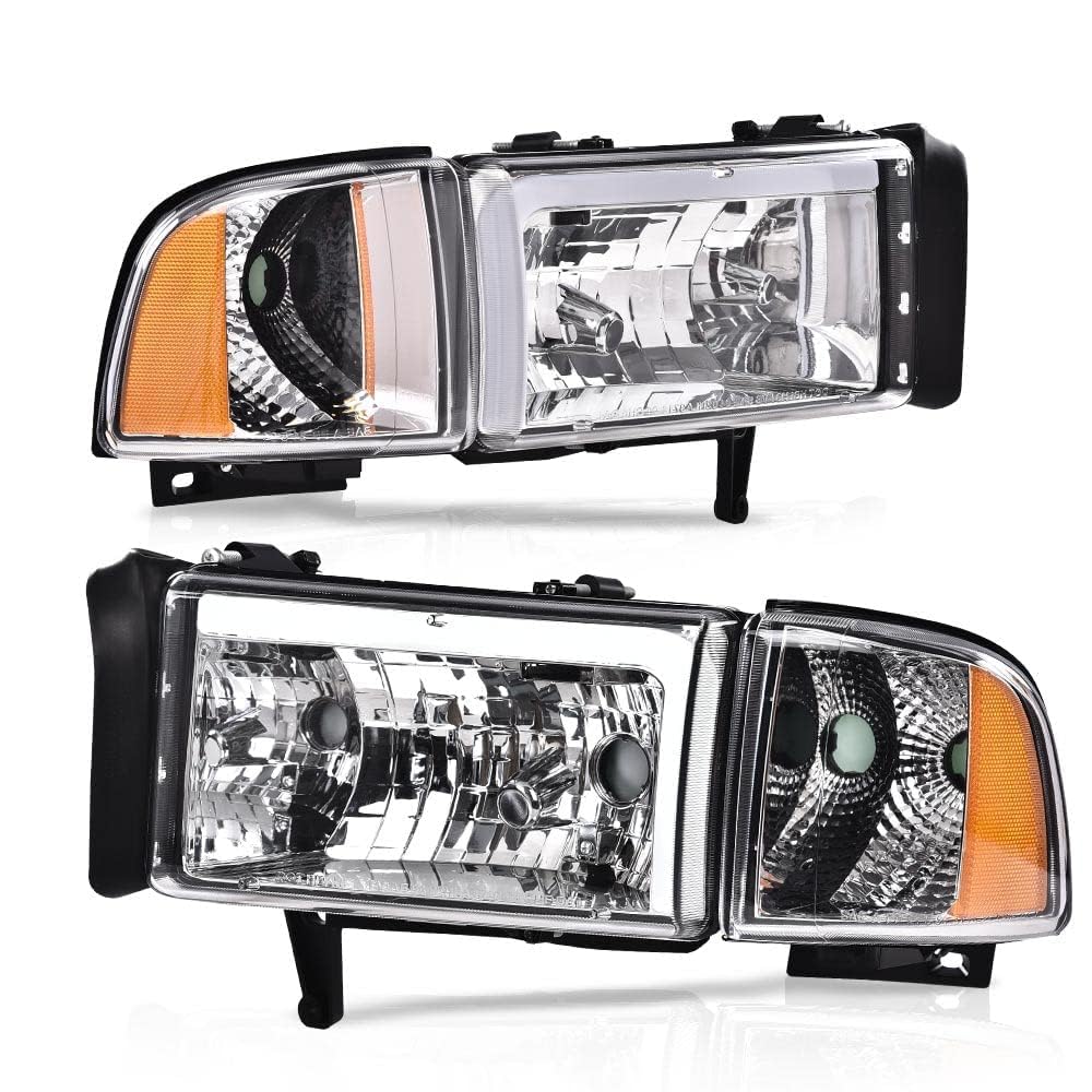 CHEDA Headlight Assembly, Compatible with 1994-2001 Dodge Ram 1500 1994-2002 Dodge Ram 2500 3500 Headlight Assembly Head Lamps（Clear lens Chrome Housing ） Faros Conjunto De Faros