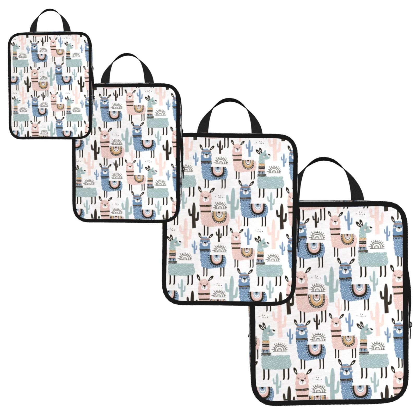 Llama Alpaca Cactus Print 4 Set Compression Packing Cubes for Suitcases,Expandable Storage Bag Organizers
