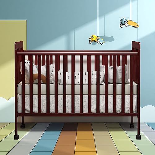 Full Size Baby Crib, 3-in-1 Convertible Crib with Locking Wheels, Toddler Infant Crib with Adjustable Mattress Height Positions, Crib for Baby (Espresso -1)