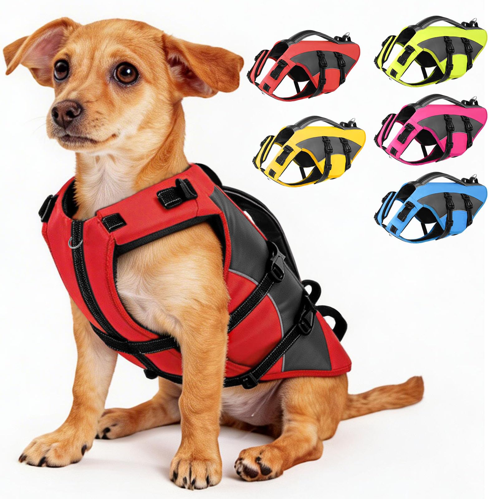 CITÉTOILE Hunde Schwimmweste mit Griff und Reflektierend, Einstellbare Rettungsweste für Kleine Mittel Große Hunde, Langlebigem für Wassersport Schwimmen und Bootfahren, Rot, S
