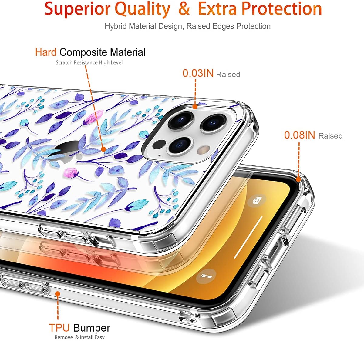 GiiKa for iPhone 12 Pro Max Case with Screen Protector, Clear Full Body Shockproof Protective Floral Girls Women Hard Case with TPU Bumper Cover Phone Case for iPhone 12 Pro Max, Blue Floral