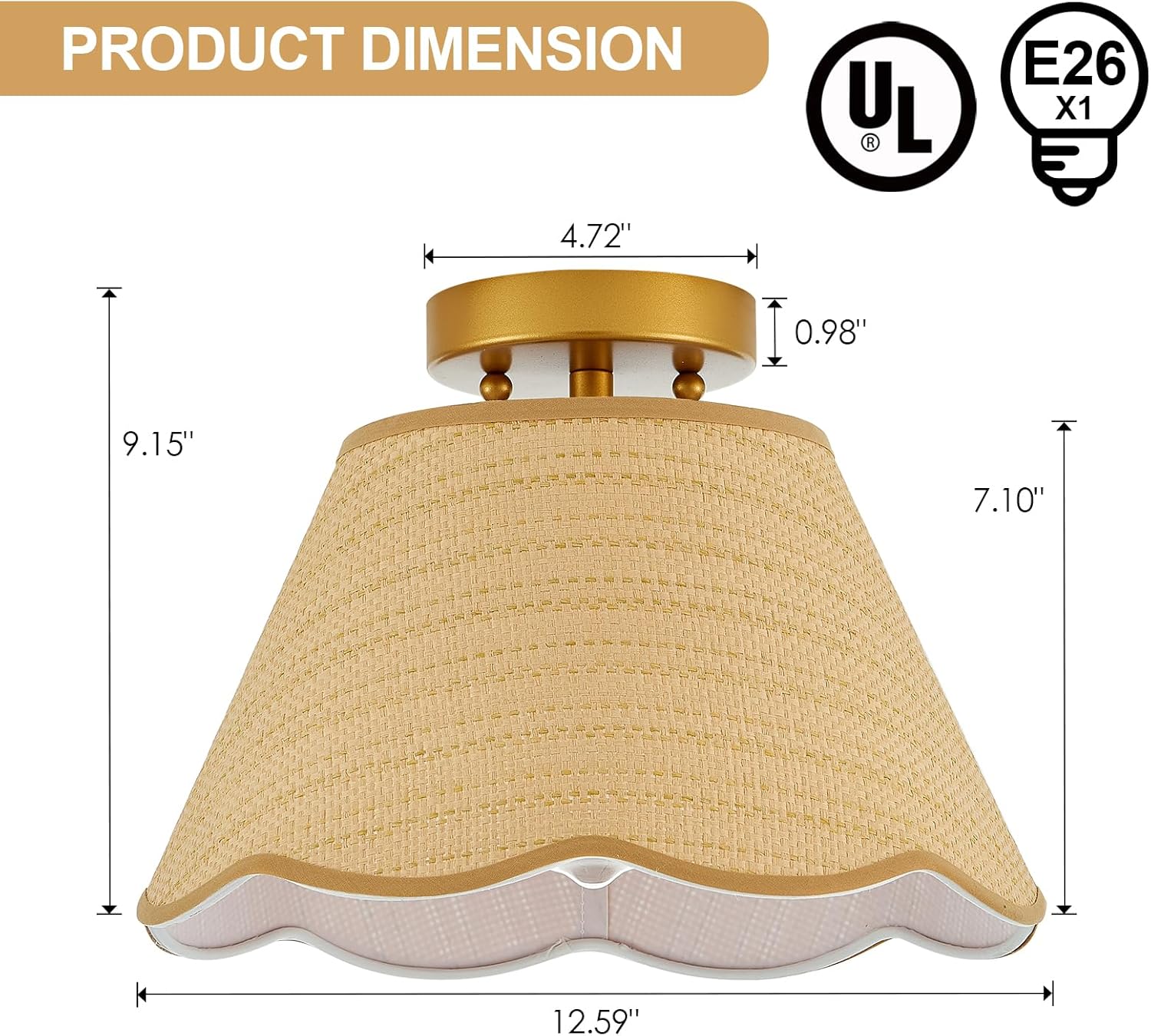 13” Boho Semi Flush Mount Ceiling Light Hand Woven Rattan Mini Chandelier for Bedroom Hallway Kitchen Nursery Room Entryway, UL Listed