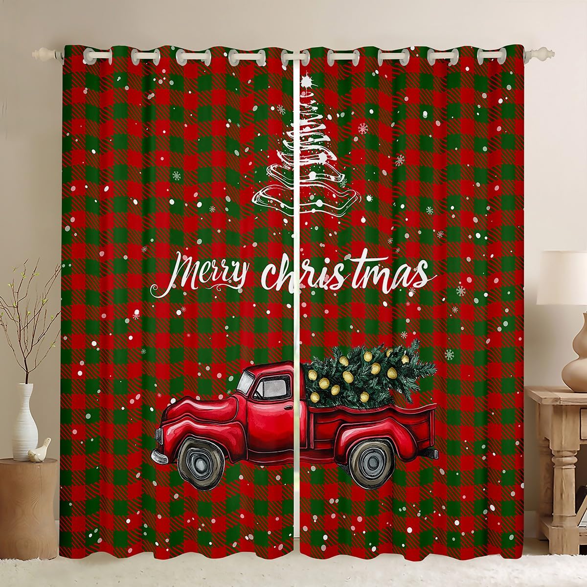 Manfei Merry Christmas Kids Blackout Curtain,Xmas Truck Snowflake Pine Tree Nursery Bedroom Playroom Decor,Geometric Grid Rustic Farmhouse Window Drapes,Red Green 2 Panels,46Wx54L inch