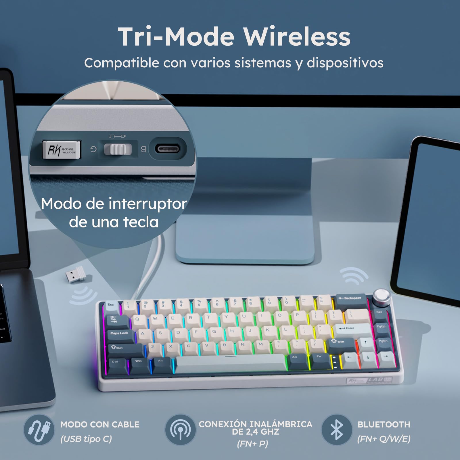 RK ROYAL KLUDGE R65 Teclado Mecánico Inalámbrico, 60% Gasket Bluetooth/2.4G/USB-C, Layout US Teclado con 66 Teclas, Teclas PBT, Knob Control, Hot-Swap, Compatible con Via (Interruptor Cremas, Azul)
