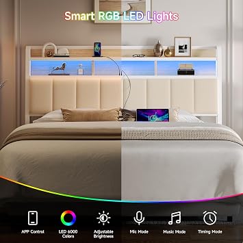 ComfyCorner Queen Size Headboard with Storage & LED Light, Off White