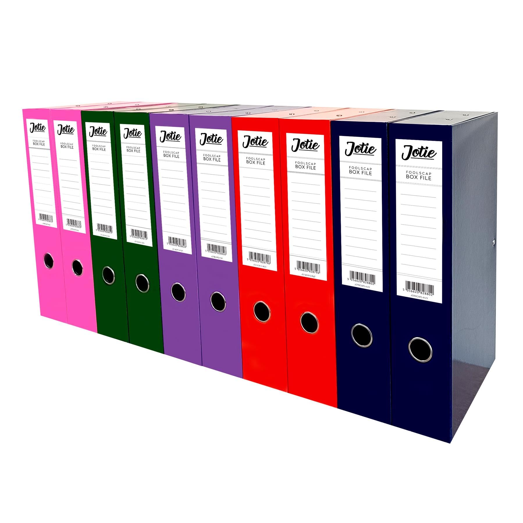 Foolscap Box Files Pack of 10 Assorted Colours Paperwork Folders with 75mm Spine Improved Lid Catch Ring Pull and Lock Spring Clip Filing Document Storage for School Office Uni