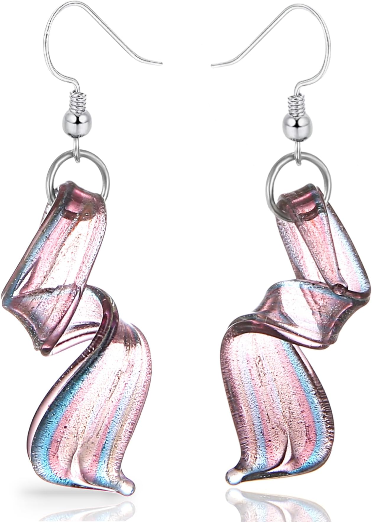 Handmade Murano Inspired Gorgeous Artist Made Pink Purple Blue Twist Glass Dangle Earrings | Handcrafted Blown Hypoallergenic Artisan Lampwork Italian Style Jewelry