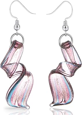 BESHEEK Handmade Murano Inspired Gorgeous Artist Made Pink Purple Blue Twist Glass Dangle Earrings | Handcrafted Blown Hypoallergenic Artisan Lampwork Italian Style Jewelry