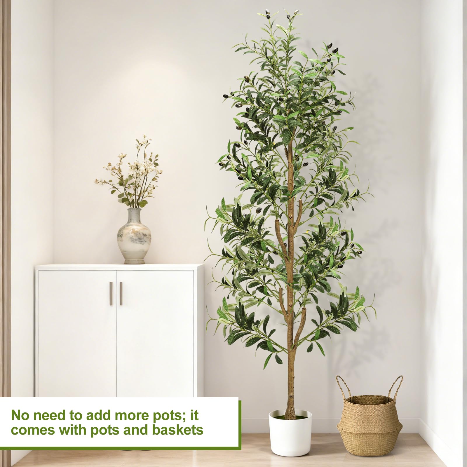 NZQXJXZ Albero di Olive Artificiale 180 cm con Luci, Pianta Artificiale da Interno con Vaso e Cesto, Piante Artificiali con Tronco Naturale e Frutti Realistici per Casa Ufficio