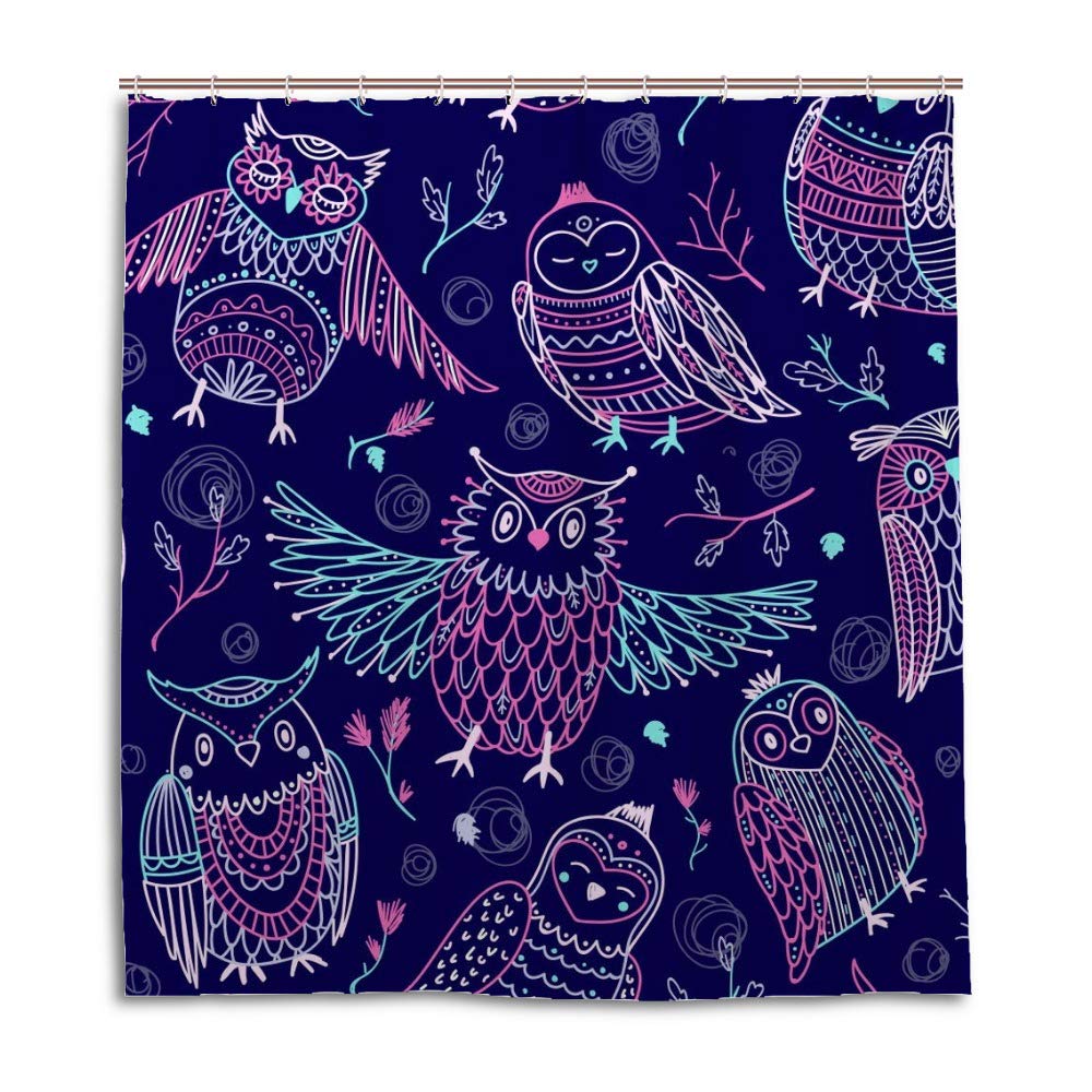 Rideau de douche chouettes 180x180 cm en polyester lavable avec crochets en C
