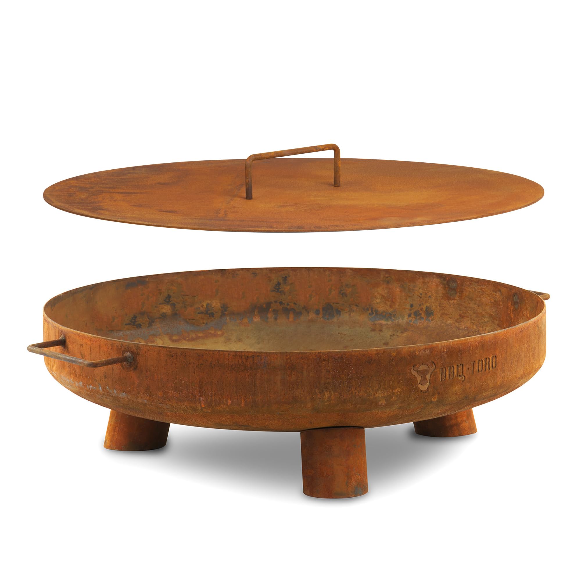 BBQ-Toro Braciere Acciaio Ø 60 cm Con Coperchio | Effetto Ruggine | Focolare Esterno Con TRE Gambe e Due Manici | Braciere Giardino | Garden Fire Pit, Fire Bowl