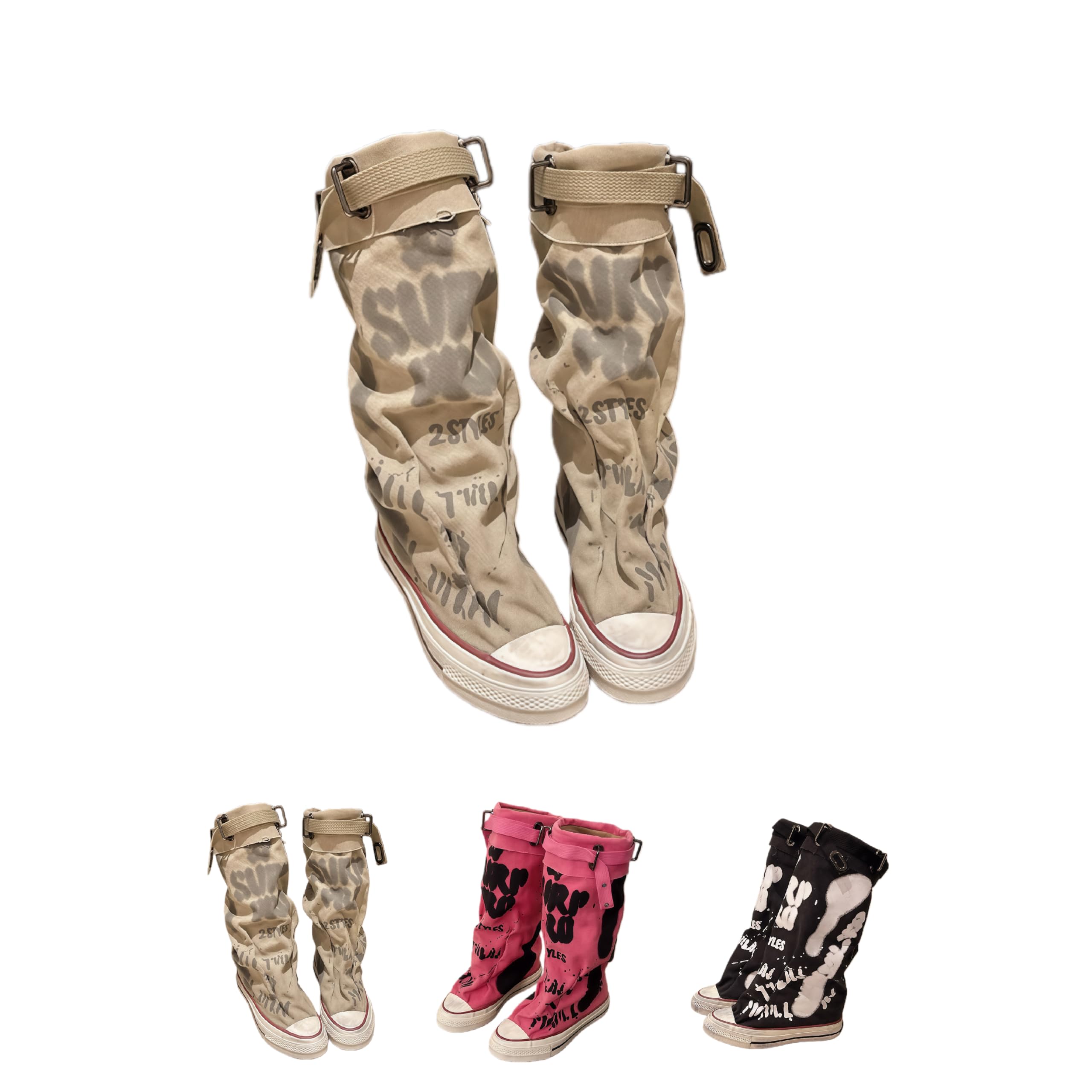 Womens Fashion Knee-High Boots-Graffiti Print Canvas with Buckle Design-Round Toe-Breathable Lining- Distressed Sole-Versatile Stylish Footwear for Daily Streetwear