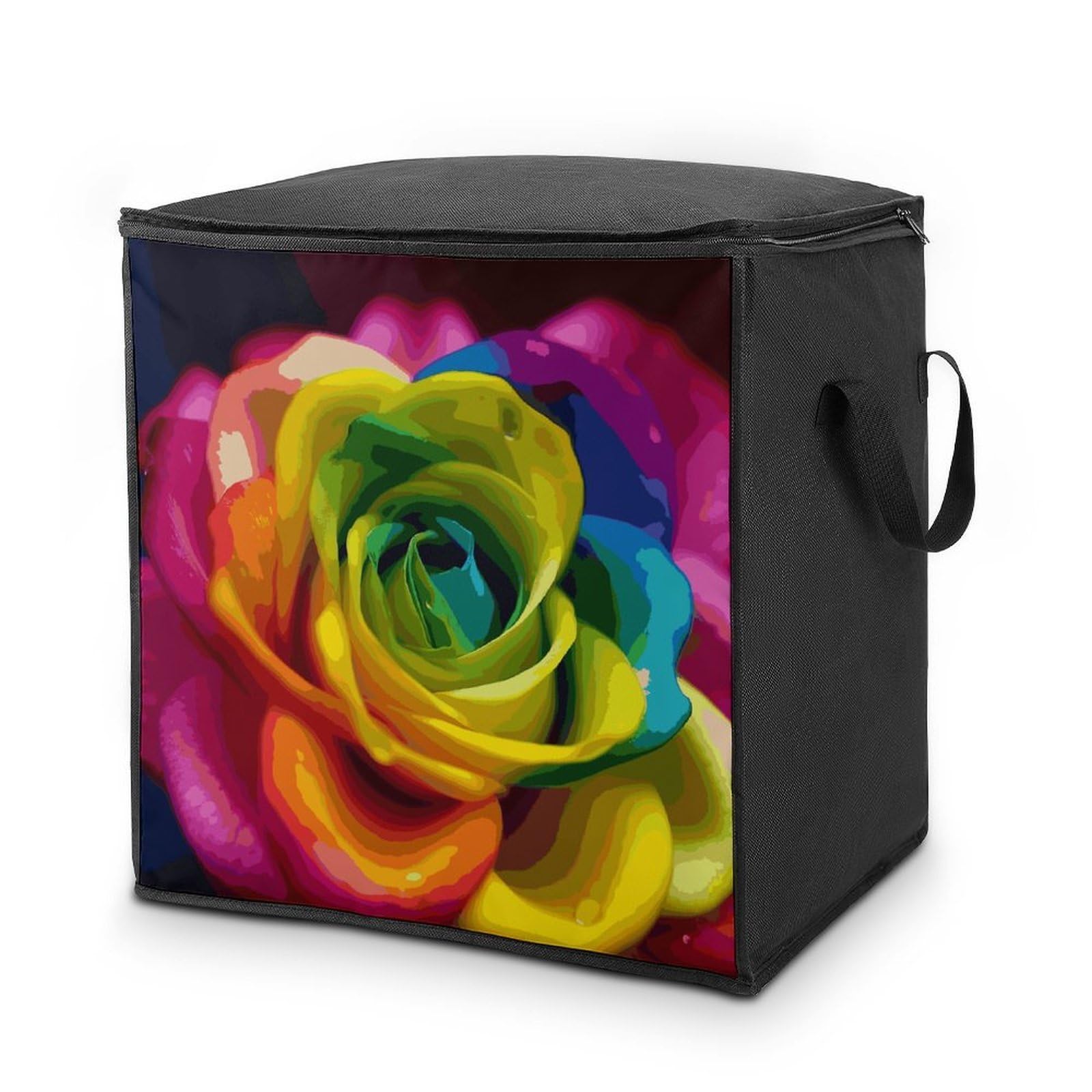 Rainbow Flower Storage Bag with Zippers And Handle Extra Large Bedding Comforter Storage Bag Foldable Blanket Storage Bags Fabric Moving Bags for Closet Organizer (70L)