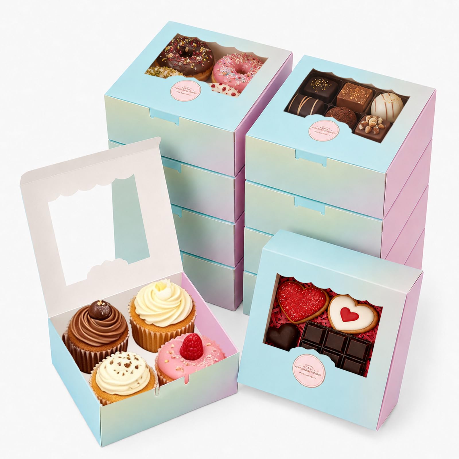 50 PCS Gradient Cookie Boxe 13.5 x 13.5 x 5 cm Cupcake Boxes with Windows, Bakery Cake Boxes, Pastry Macaron Bakery Box for Wedding Birthday Christmas Cupcakes Muffins Treats Bakery Boxes Gift Boxes