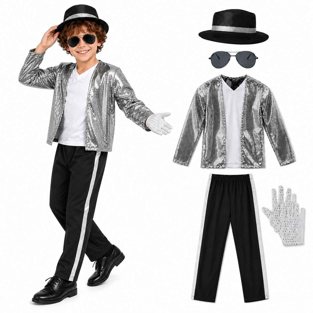 nezafly Pop Star Costume Kids 80s Retro Silver Jacket Musician Fancy Dress