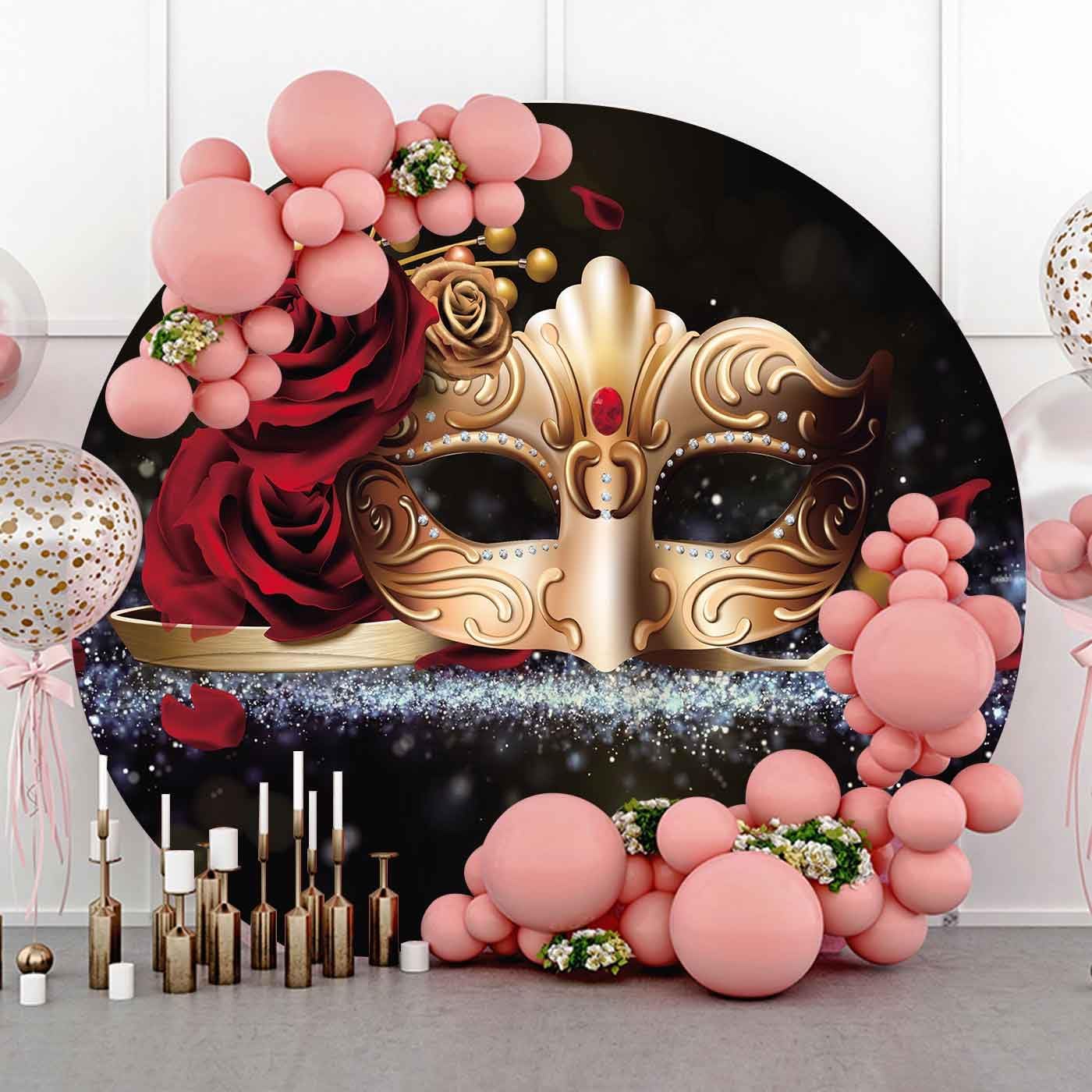 Masquerade Party Decorations Round Backdrop Cover, 7.2x7.2ft Polyester Mardi Gras Ball Backdrop Circle Backdrop, Chic Circular Mysterious Gold Mask Red Rose Photo Booth Prop YMBXTPH240