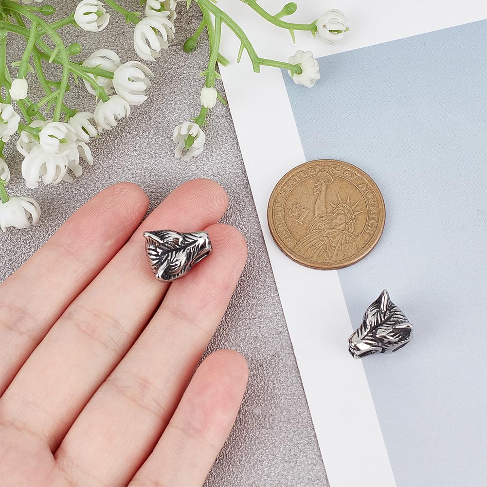 WDBAYXH 5 Pz Perline Testa di Lupo in Acciaio Inox Argento Antico 2mm Perline Foro Piccolo Animale Lupo Branelli Allentati Perline Distanziatore Creativo Fascino DIY Creazione di Gioielli