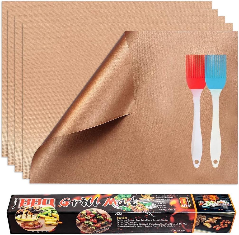 KOLIFEGOODS Grill Mat, 5PCS BBQ Baking Mat Non-Stick Reusable Cooking Sheets for Gas Grills Outdoor Grill with 2 Silicone BBQ Brushes, 15.75 x 12.99 Inches Gold