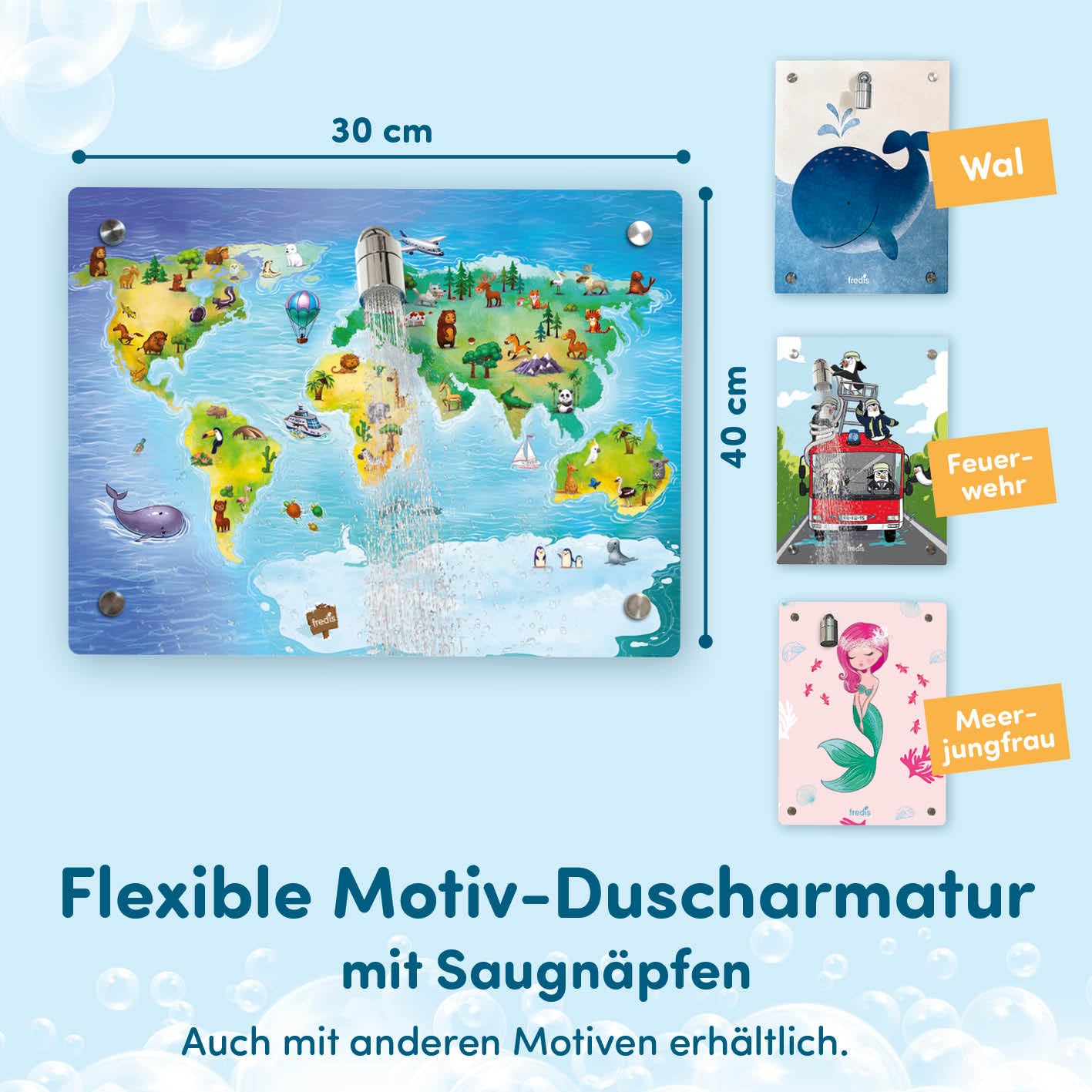 fredis Kinder-Dusche Motiv 'Weltkarte' | Spielerische Wasserabenteuer für Kinder, Montage ohne Bohren, Motiv-Platte mit Duschkopf, Schlauch & 2 Strahlarten | Fördert Selbstständigkeit und Spaß