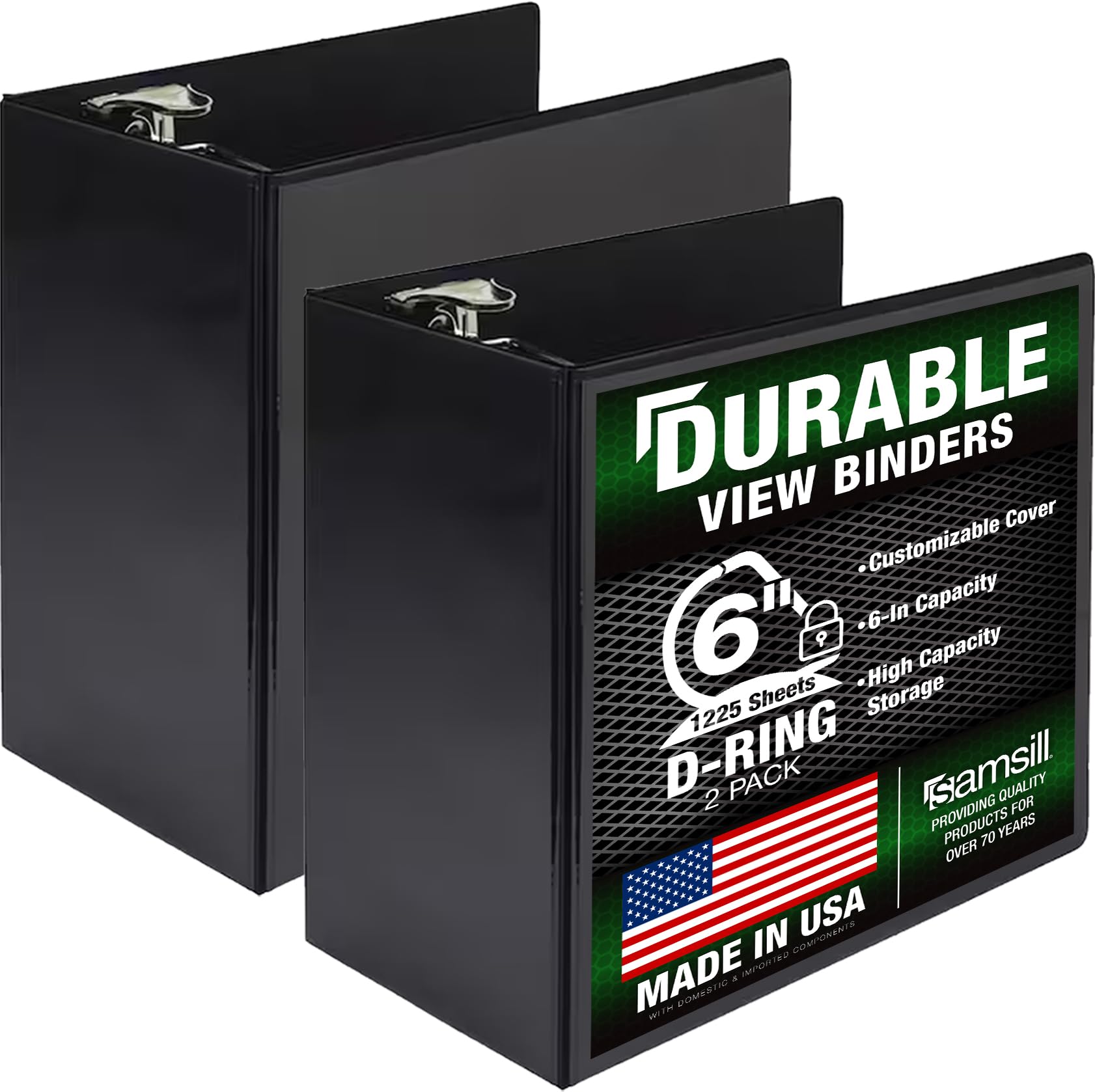Samsill Durable 6 inch 3 Ring Binder, Locking D Ring Binder, Customizable Clear View Cover, Black, 2-Pack, Holds 1225 Pages