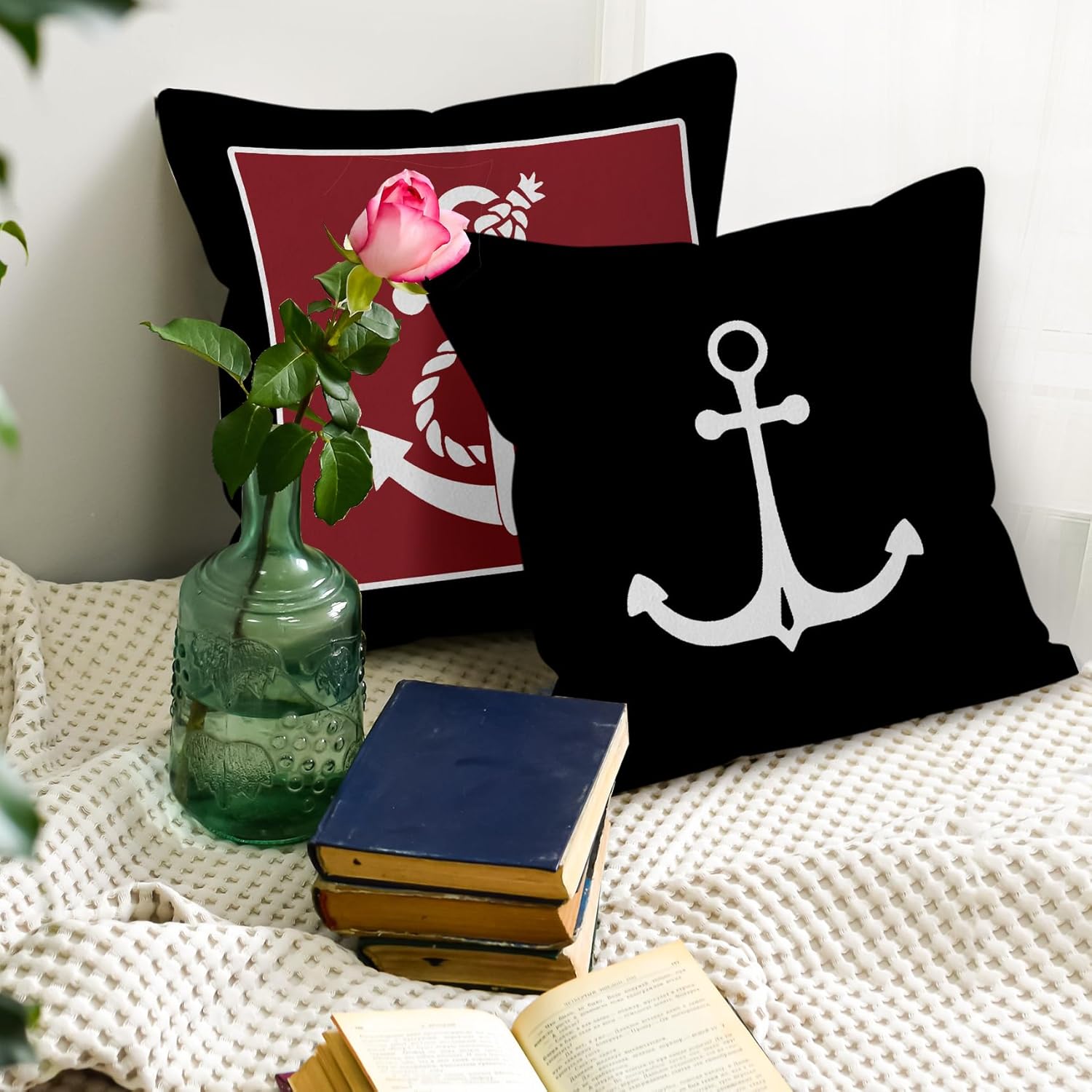 Vintage Coastal Nautical Decorative Throw Pillow Cover, Nautical Gifts, Ocean Coastal Black and Red Anchor Boat Pillow Covers for Home Room Bed Sofa Decor, 18x18 Inch Set of 4 - Image 5
