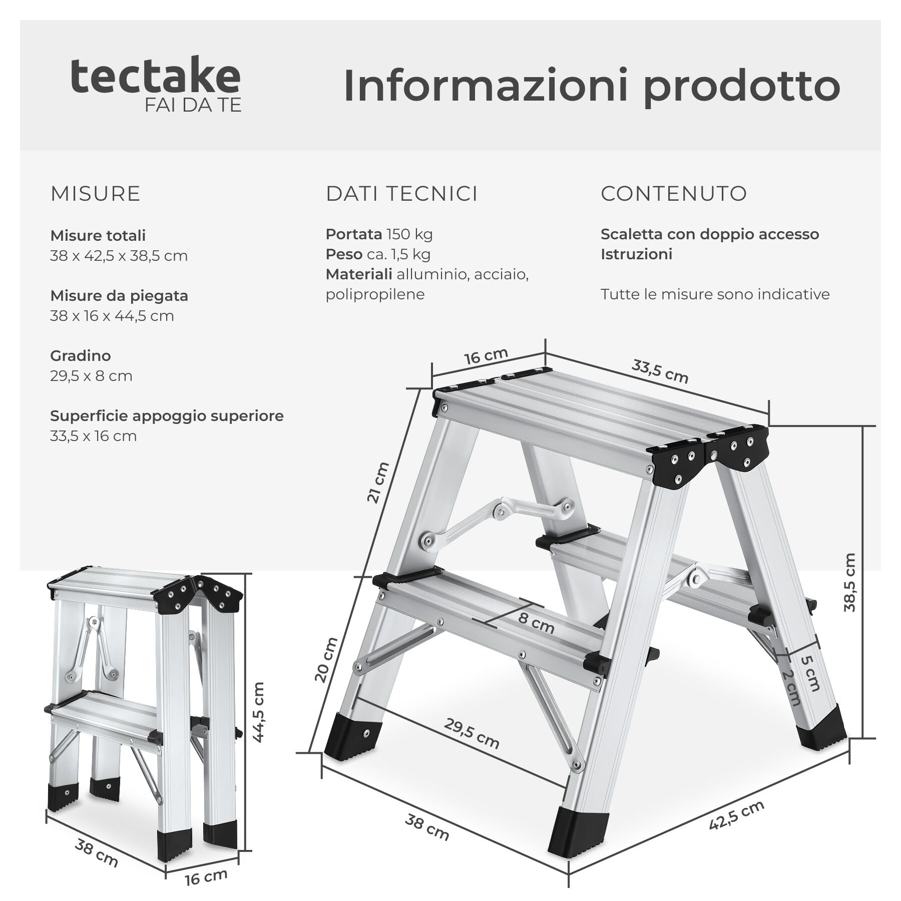 tectake® Scaletta Pieghevole in Alluminio Doppia, Scala 3 Gradini Antiscivolo, Scaletta Multiuso Salvaspazio con Doppia Salita, Scala per Casa Leggera, Piedini in Gomma, Antiscivolo, Portata 150 kg