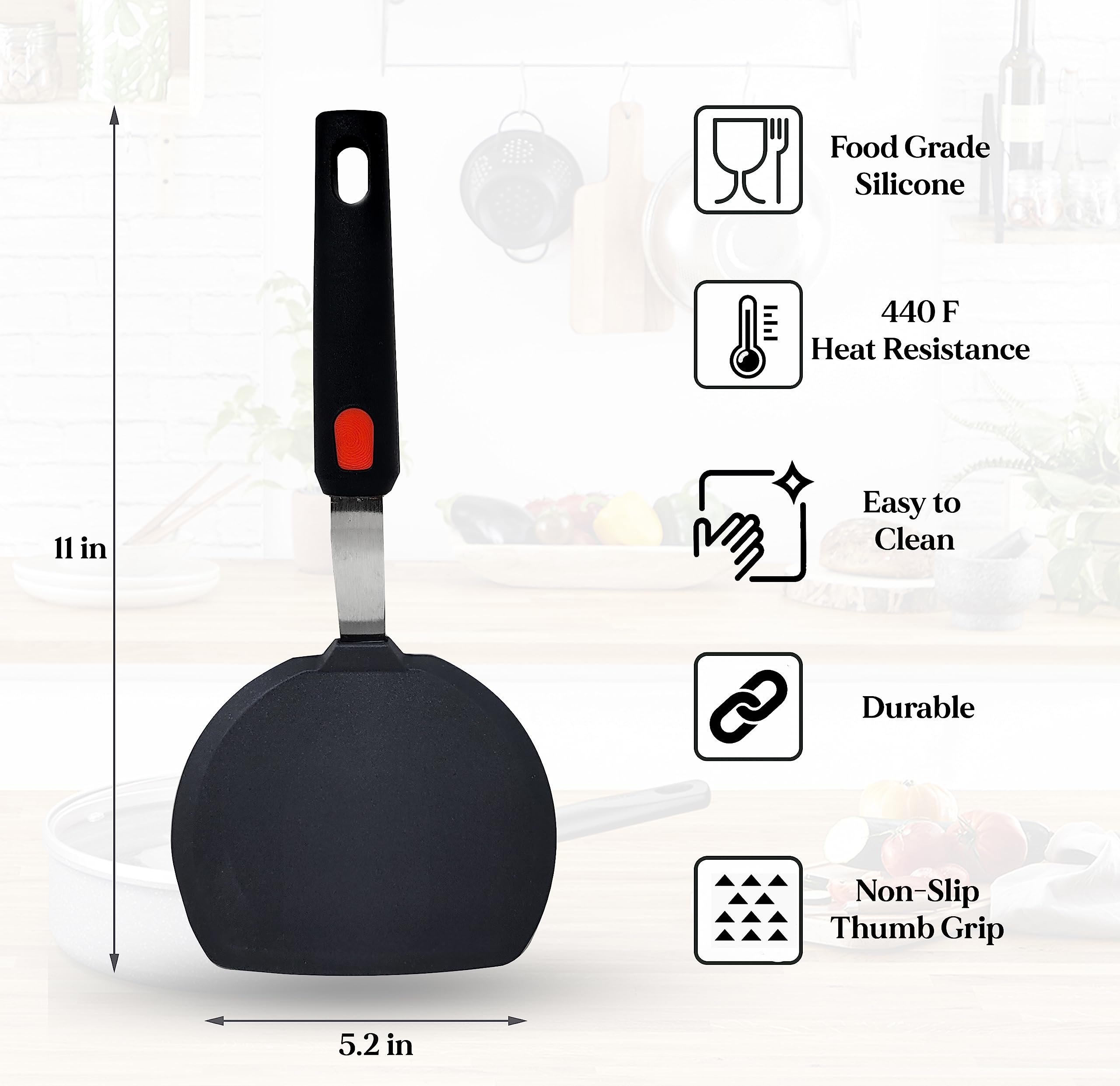 Silicone Pancake Spatula | Wide Beveled Edge Flipper with Stainless Steel Curved Handle | Heat Resistant Non-Stick Cooking