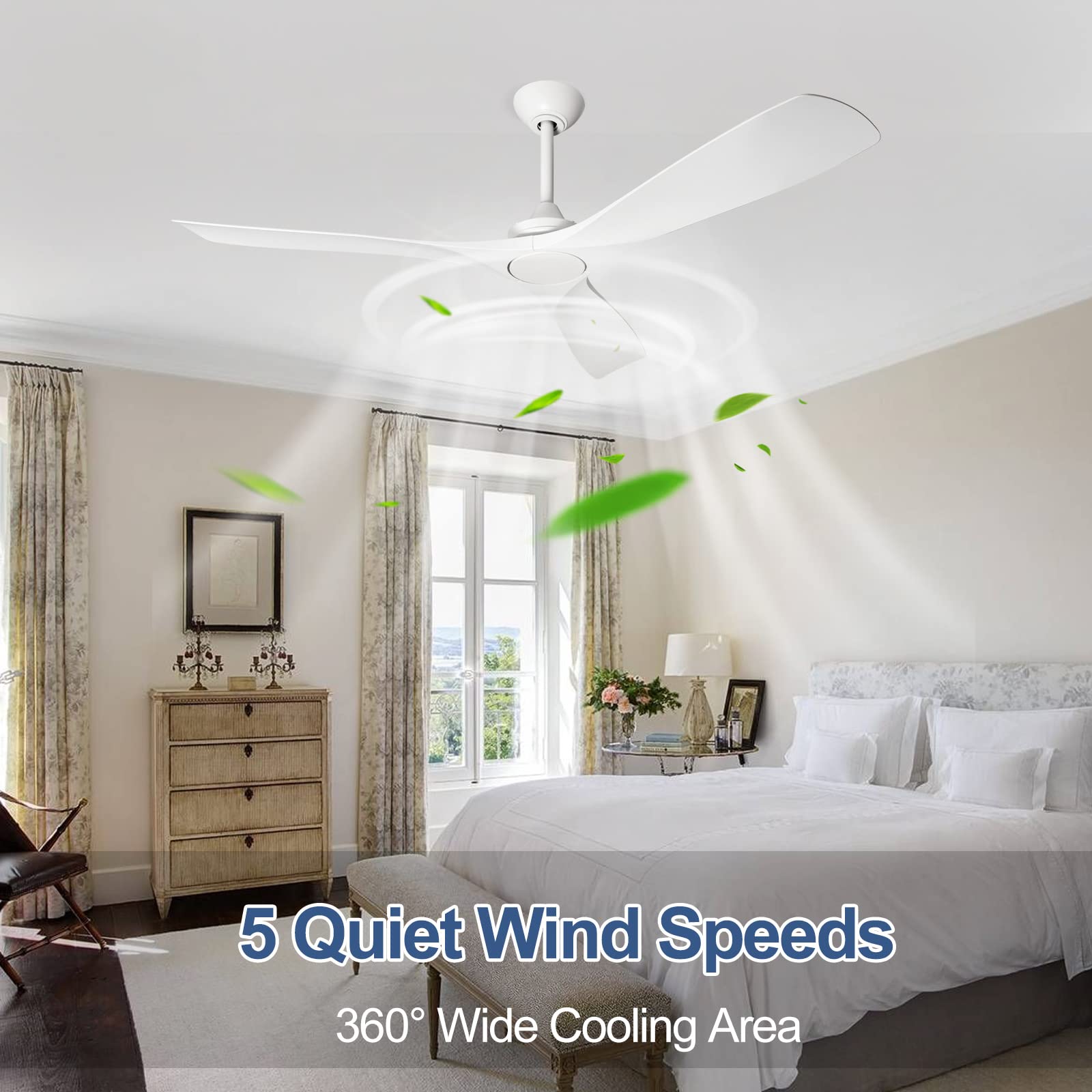 DIGLED White Flush Mount Ceiling Fan without Light, 3 Blades Low Profile Ceiling Fan with Remote Control 52 Inch Indoor and Outdoor Ceiling Fan Reversible Noiseless DC Motor, No Light