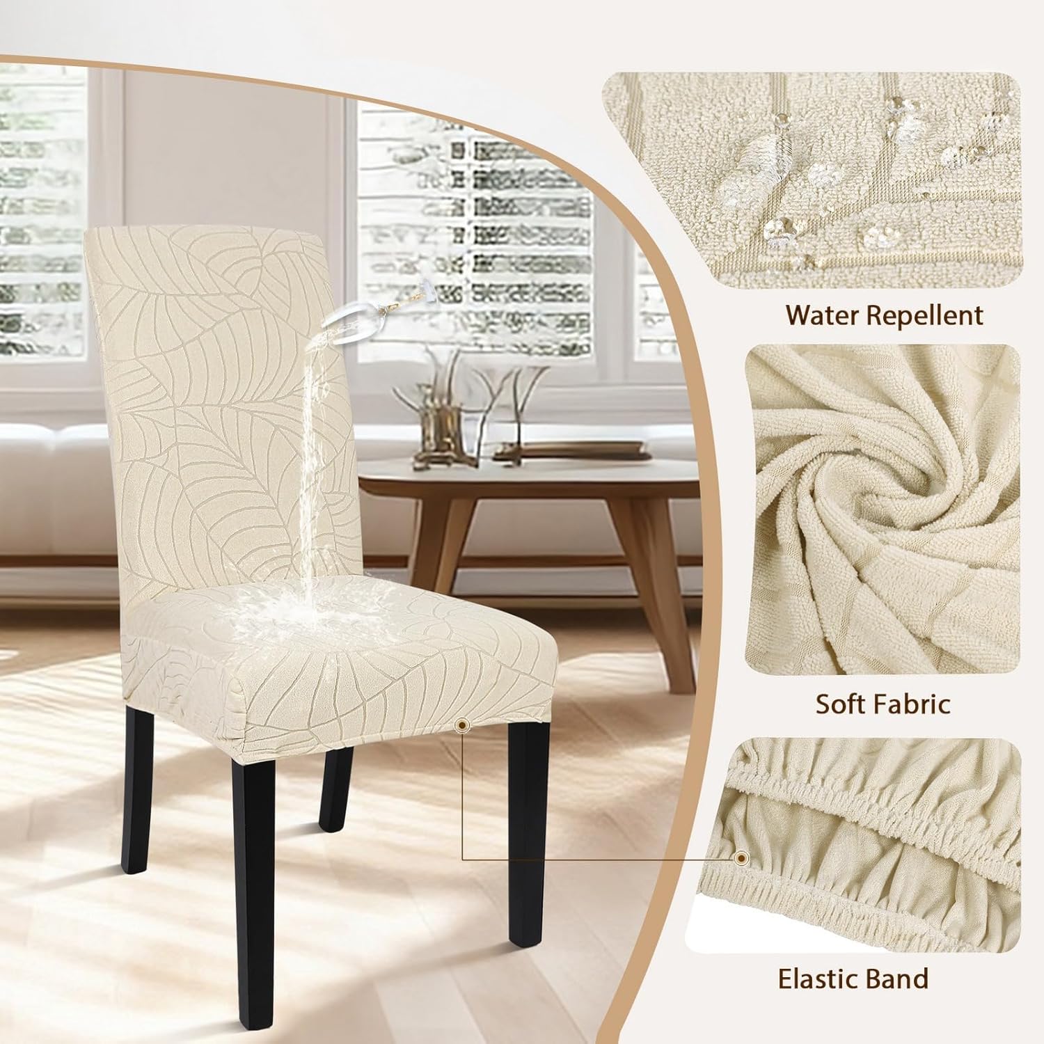 SearchI Waterproof Dining Room Chair Covers Set of 4, Stretch Jacquard Parsons Chair Slipcovers Removable Washable Kitchen Chair Protector for Dining Room, Hotel, Banquet(Beige Leaf)