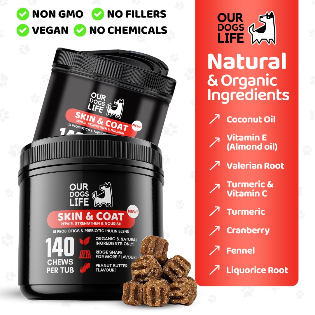 Complément Alimentaire Chien Peau et Pelage | 140 Comprimés | Oméga 3-6, Biotine, Huile de Saumon | Anti-Démangeaisons | Brillance Poil | Toutes Races | DogsLife