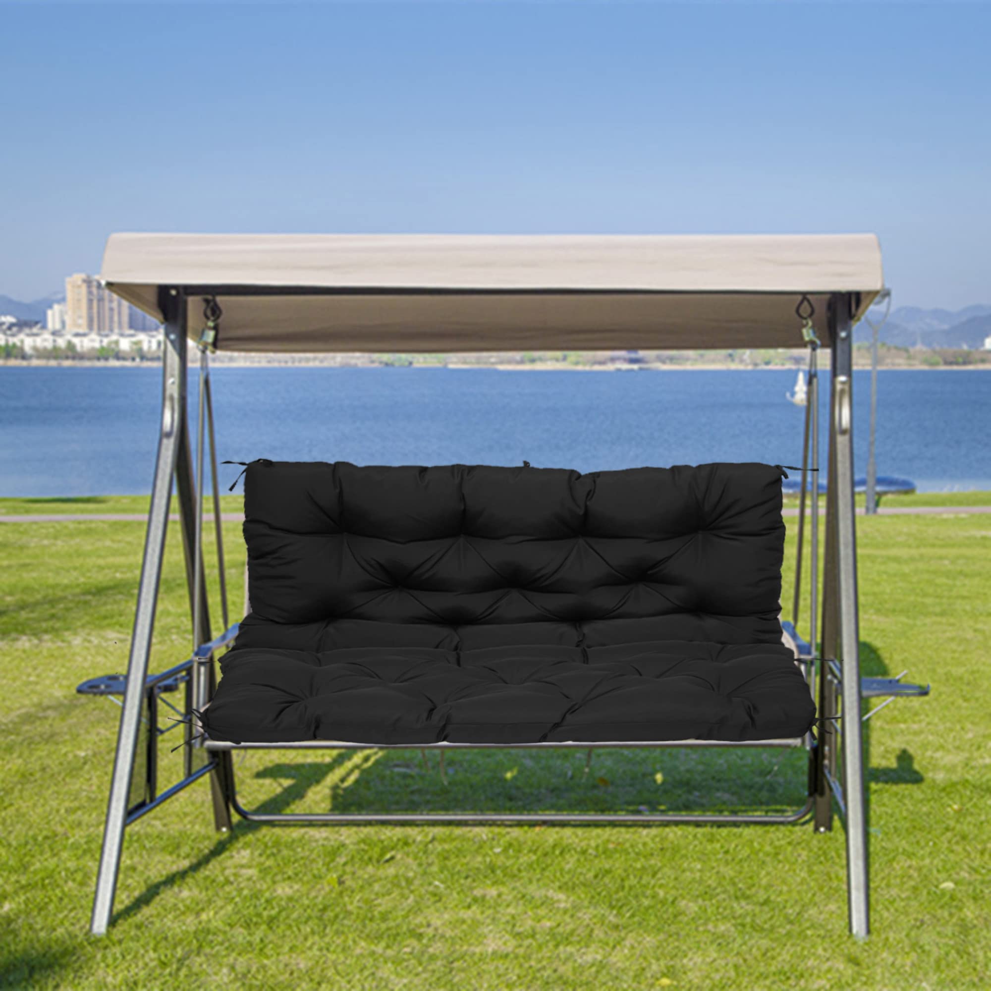 Outdoor Swing Cushion with Backrest Washable Canopy 2 3 Seater Patio Furniture Cushion for Garden Rocking Chair Courtyard Cushion 150x100x10cm (Black)