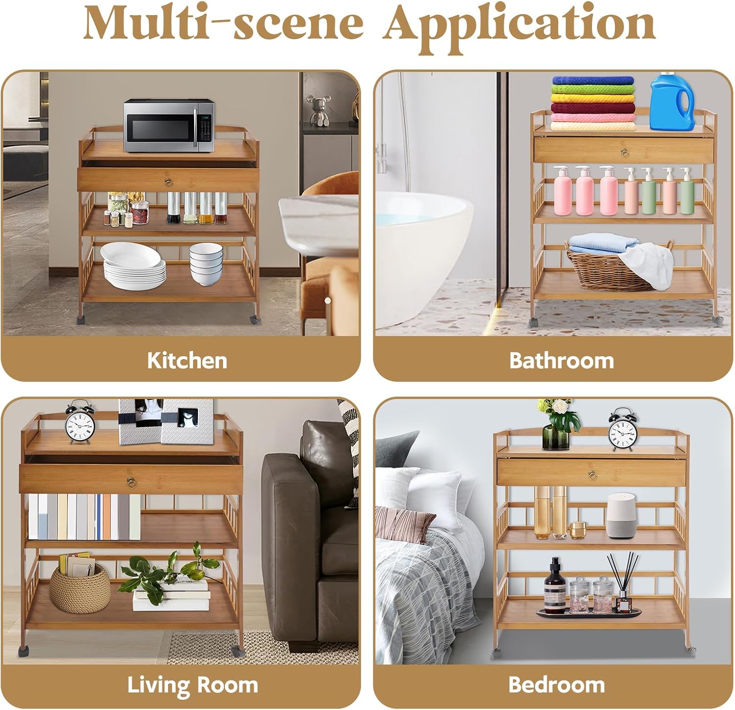 3-Tier Bamboo Rolling Cart, Wooden Kitchen Serving Cart with Drawer Storage, Storage Rack Utility Mobile Trolley with 4 Wheels for Home Bar Living Dining Room