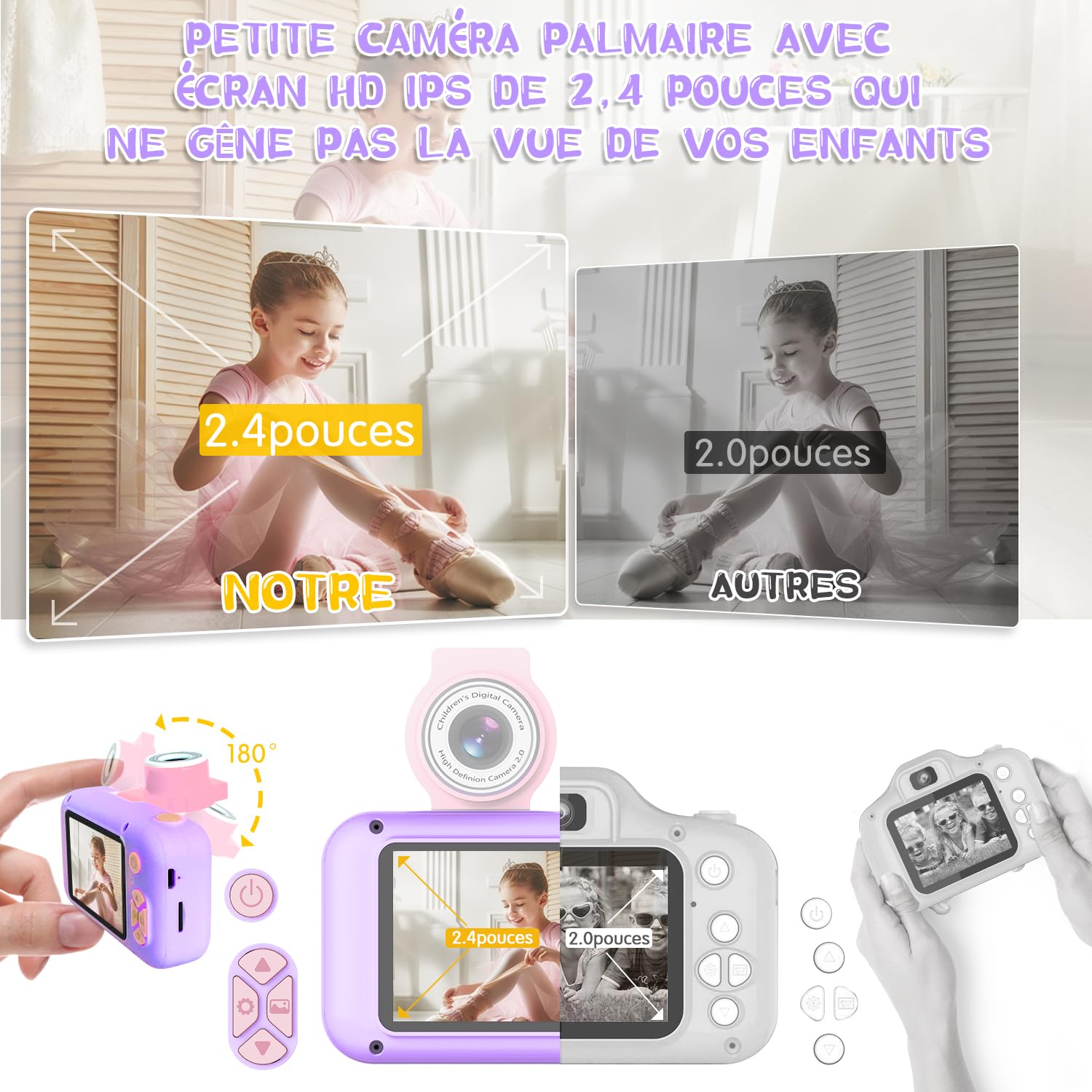 Appareil Photo Numérique Pour Enfants - 40 MP, Vidéo 1080P - Écran IPS 2,4" - Objectif Rotatif 180° - Cadeau
