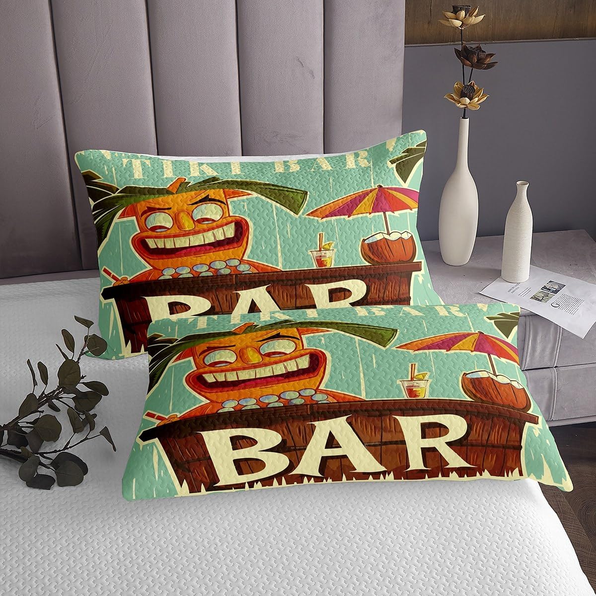 Erosebridal Tiki Bar King Quilt Set Happy Hawaii Party Bedspread Sets Tropical Exotic Tribal Coverlet Sets Cool Summer Coconut Drink Bedding Set for Kids Boys Girls
