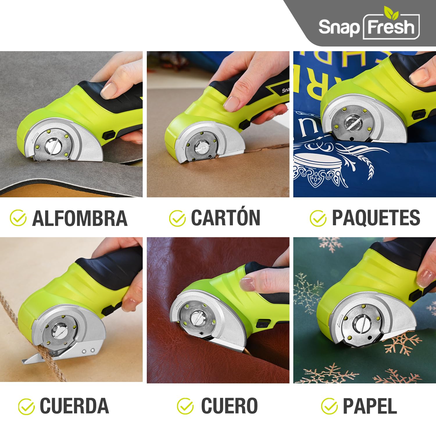 SnapFresh Tijera Eléctrica Inalámbricas 4V, Cortador de Cartón con 2 Cuchillas Autoafilables, Carga USB-C, Adecuada para Cartón, Papel, Alfombra, Cuero, Plástico y Embalajes