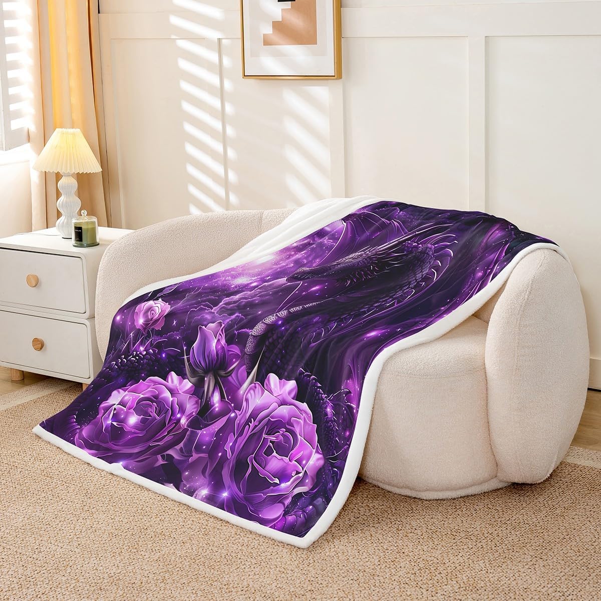 Erosebridal Purple Dragon Throw Blanket Queen 90"X90" Fleece Sherpa for Kids Boys Teen Men, Magical Animal Fuzzy Blanket