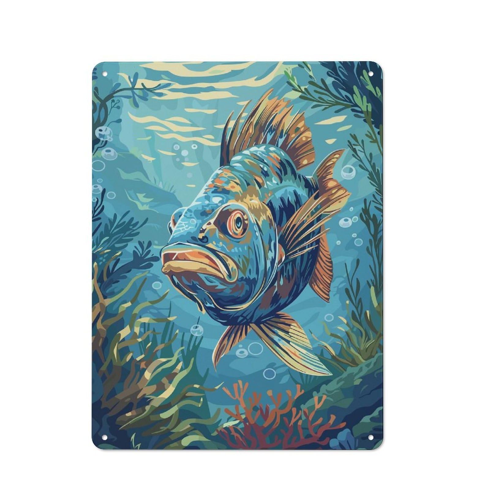 Junmoney Style-20 Metal Plaque 40X30cm With Underwater Fish Illustration For Pub Or Café, Vintage Decor, For Vintage Wall Decor Fans, For Metal Sign Collectors
