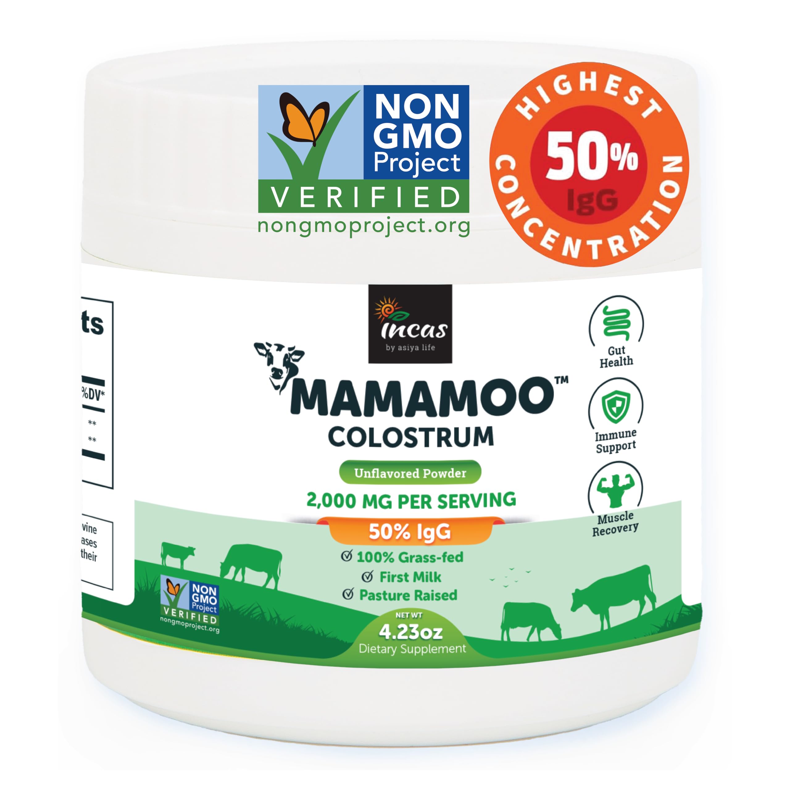 MamaMoo™ Colostrum Powder >50% IgG, Grass Fed, First & Only Non GMO Verified, Gut Health Bloating Immunity, Contains 400+ Bioactive Nutrients, Third Party Lab Tested, 60 Servings (Unflavored)
