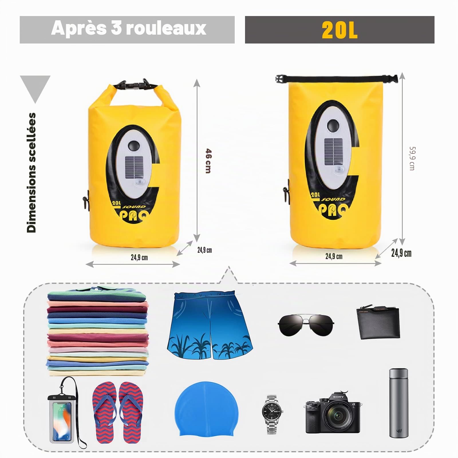 Sac sec flottant submersible imperméable avec haut-parleur Bluetooth lumière solaire – 20 l sur le dessus pour garder le matériel au sec pour kayak, plage, rafting, bateau, randonnée, camping et pêche
