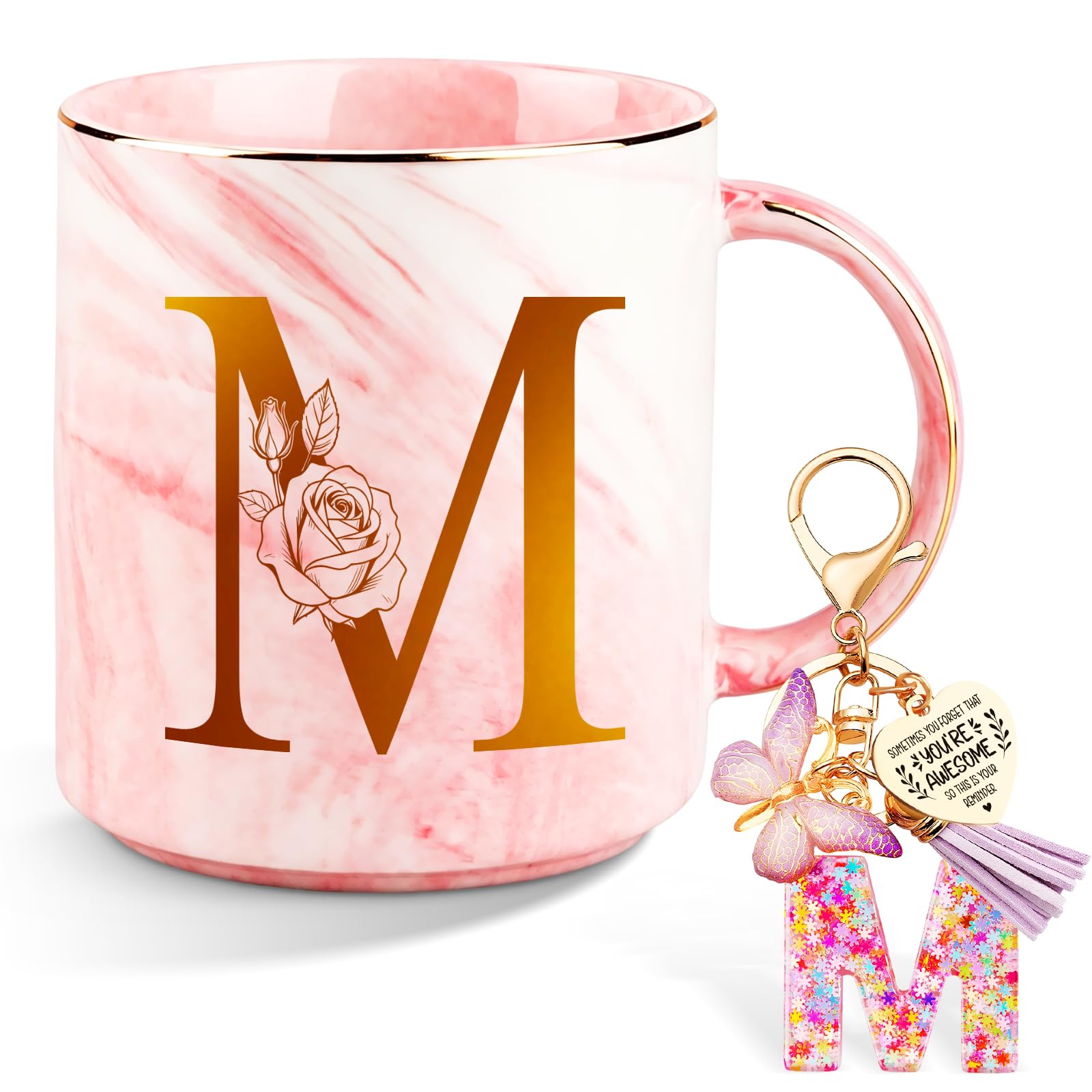 Anruzon Birthday Gifts for Women, Initial M Letter Coffee Mug with Keychain