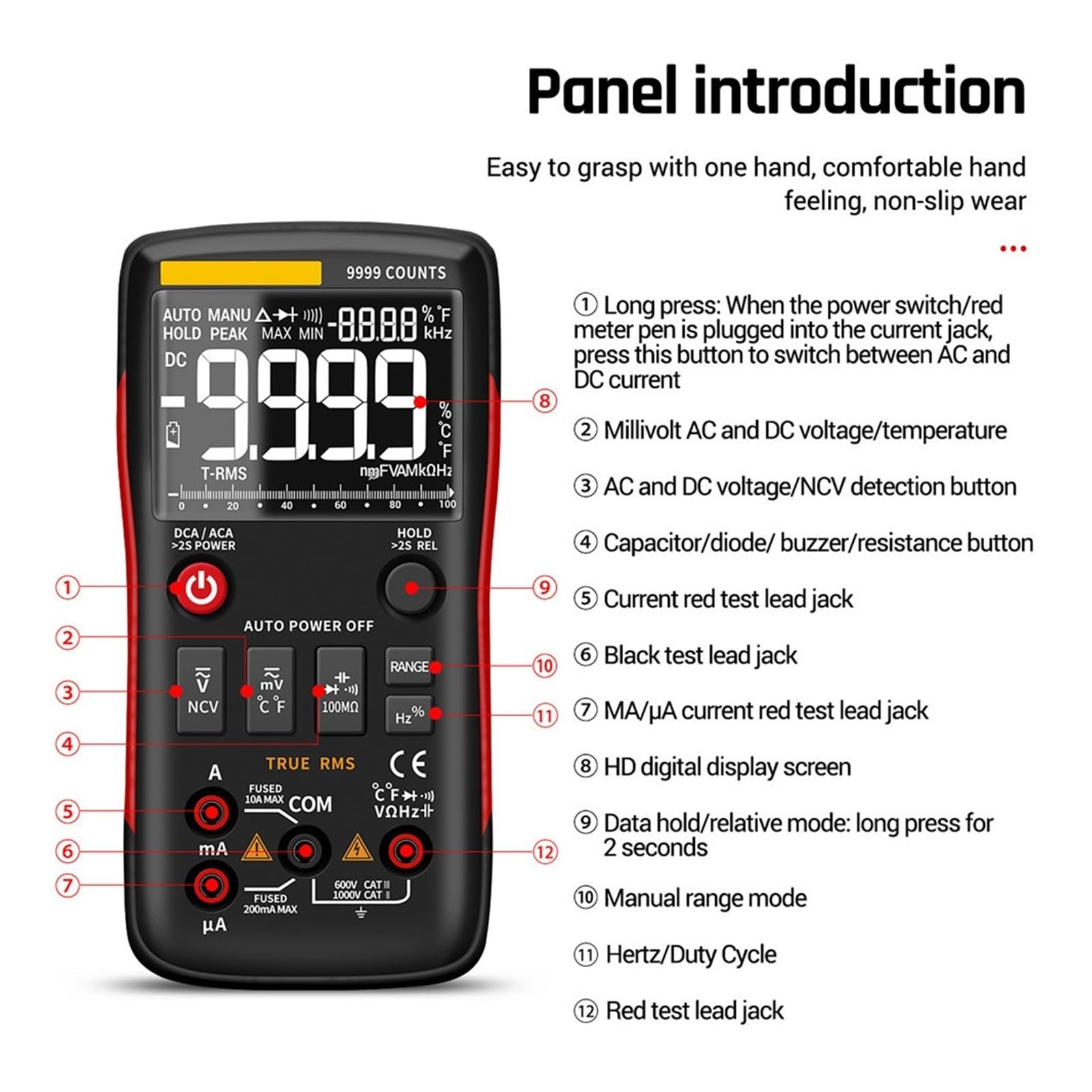 Cyfrowy Multimetr 9999 Analogowy Tester True Profesjonalny Multimetro DIY Tranzystor Kondensator NCV Testery Miernik Lcr Szybko Dokładnie Łatwy Odczyt(Q1 Red Pro)