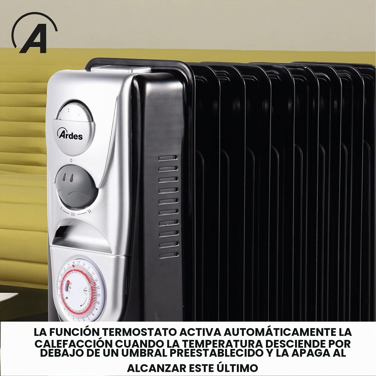 ARDES OILO9 TURBO TIME Radiador de aceite 2400 W con 9 elementos, función turbo 400 W, timer 24 h y cobertura 70 m³ para calefacción de bajo consumo | 400 W, temporizador 24 h y cobertura 70 m³ para calefacción de bajo consumo