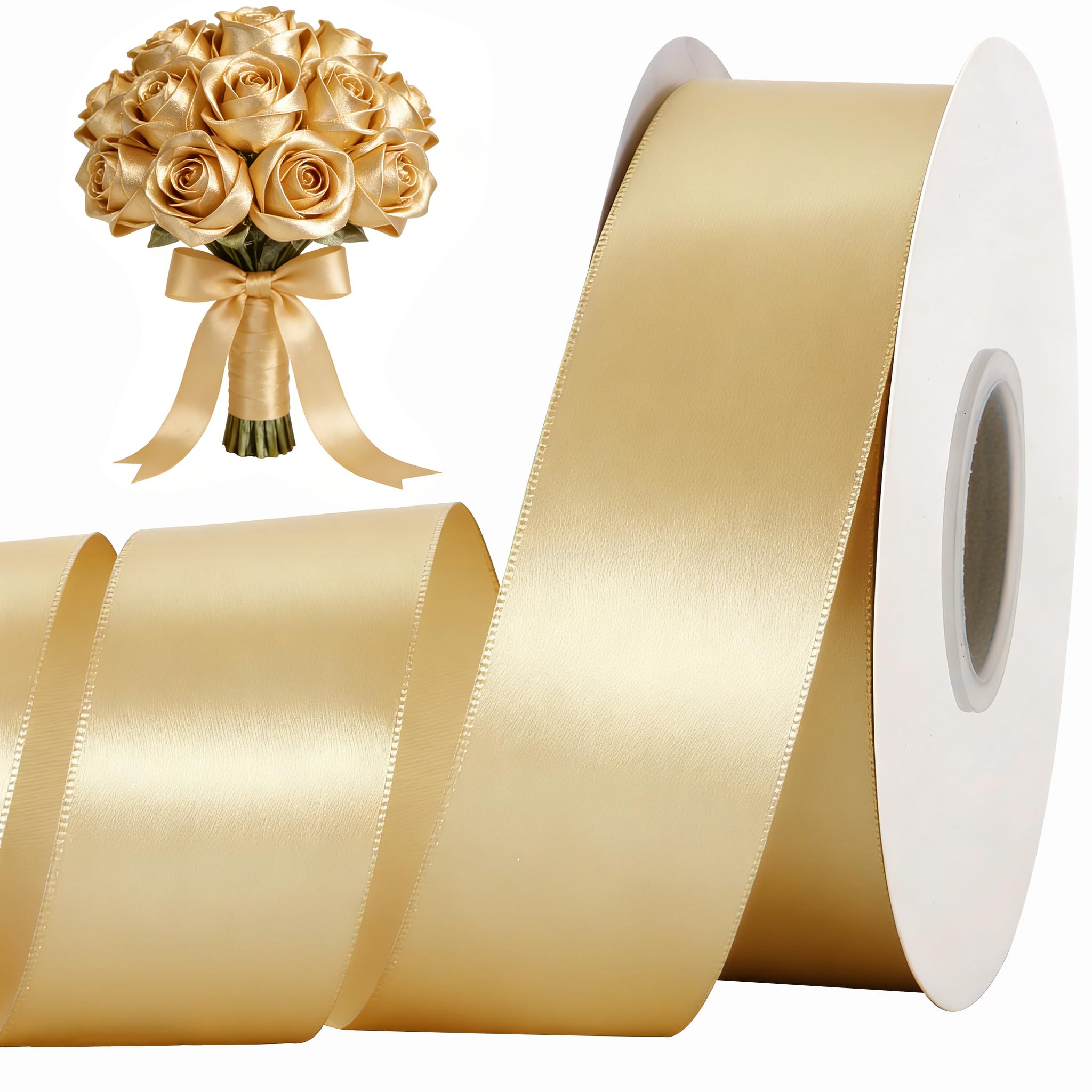 TONIFUL 1-1/2 Inch (40mm) x 100 Yards Gold Wide Satin Ribbon Solid Fabric Ribbon for Gift Wrapping Chair Sash Valentine's Day Wedding Birthday Party Decoration Hair Floral Craft Sewing — image 1