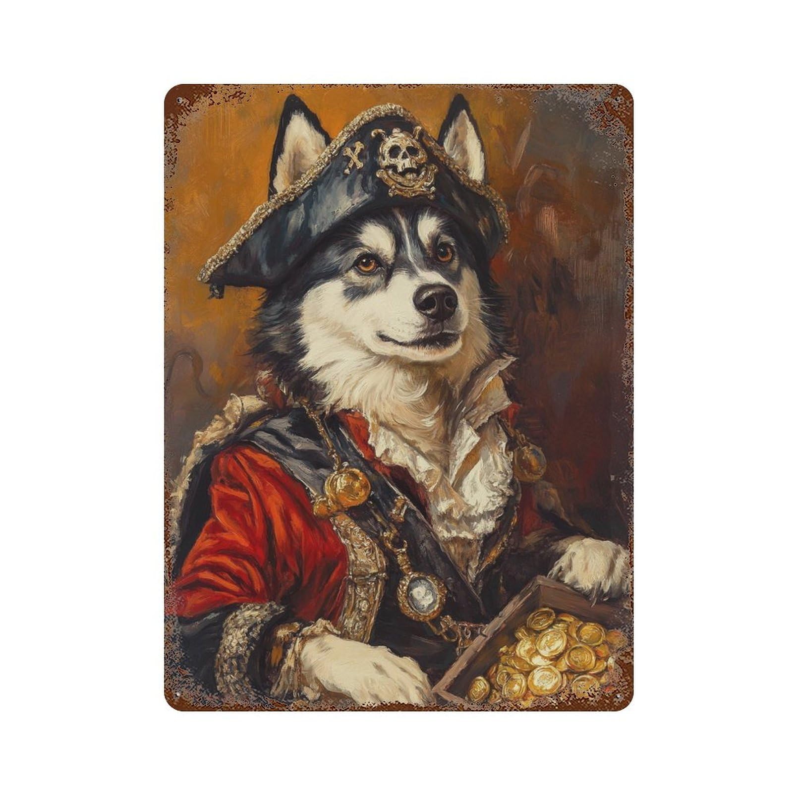 Rust Effect Pirate Dog with Treasure Chest-3 Rusty Metal Tin Sign 15.7"x11.8", Farmhouse Wall Decor for Shed, Workshop And Garage Wall Decor