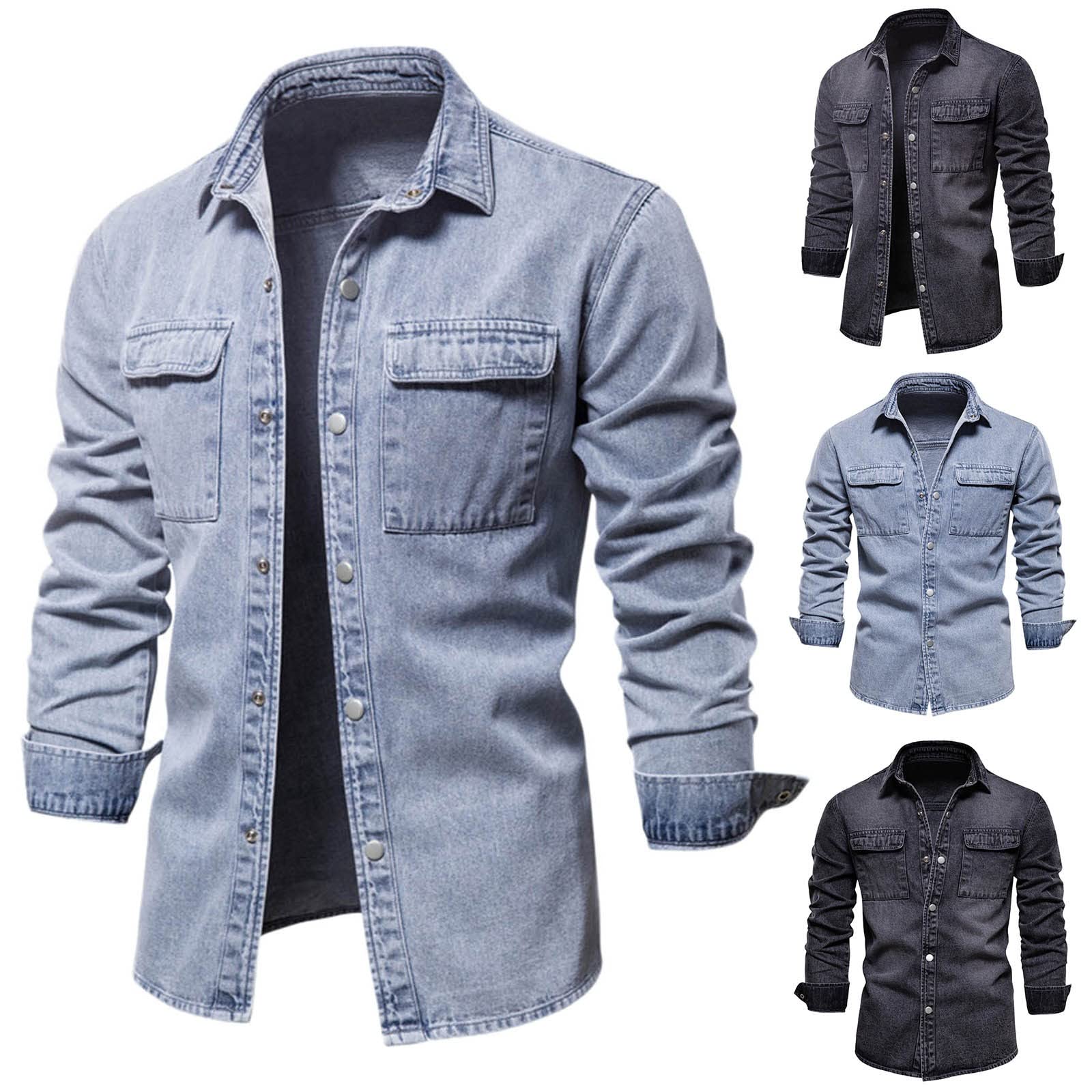 Generisch Camicia di jeans da uomo a maniche lunghe, con tasca sul petto, camicia di jeans con bottoni a pressione, per il tempo libero, leggera, a maniche lunghe, traspirante, per uomini