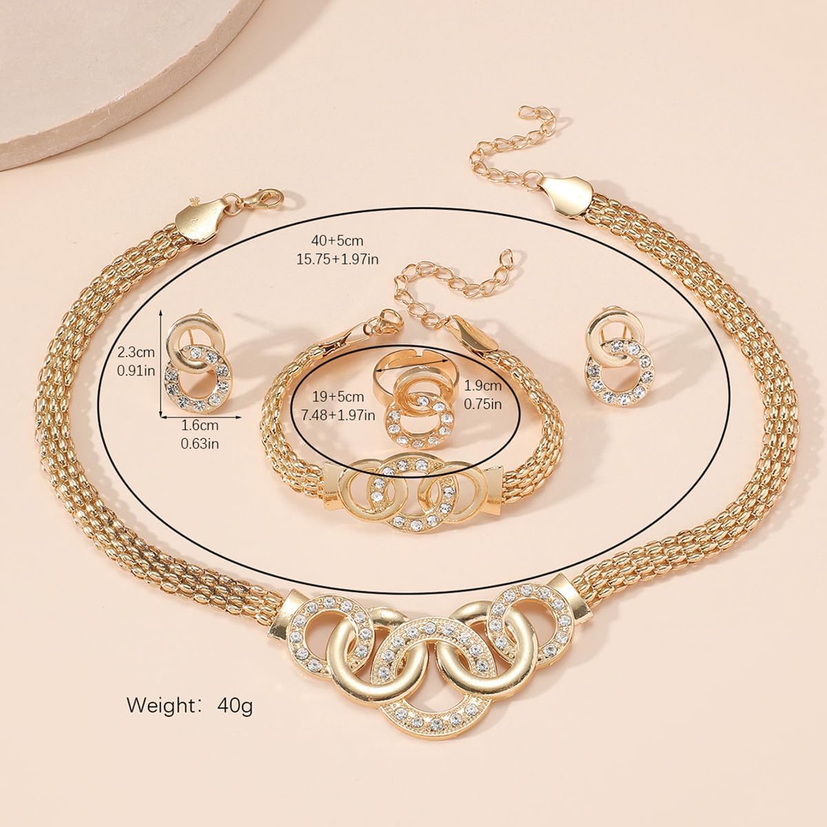 Gold Rhinestone Jewelry Set for Women Chunky Gold Rhinestone Necklace Bracelet Earrings Ring Wedding Prom Bridal Jewelry Set - Image 7