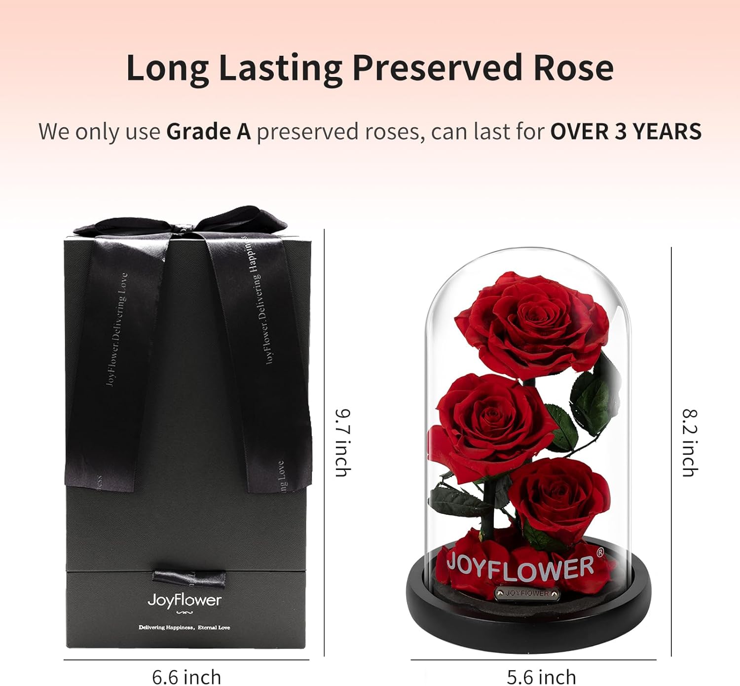 JoyFlower Preserved Flowers Gift for Women, Handmade Eternal Rose in Glass Dome, Forever Real Rose Gifts for Wife Mom Girlfriend, Three Red Roses Gift for Anniversary Birthday Valentine's Mother's Day