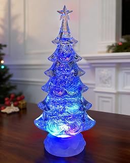 Snow Globe Christmas Tree - 12.4" Lighted Christmas Snow Globe Lantern with Color Changing LED, Battery/USB Operated Timer Crystal Tree Indoor Holiday Decor Gift