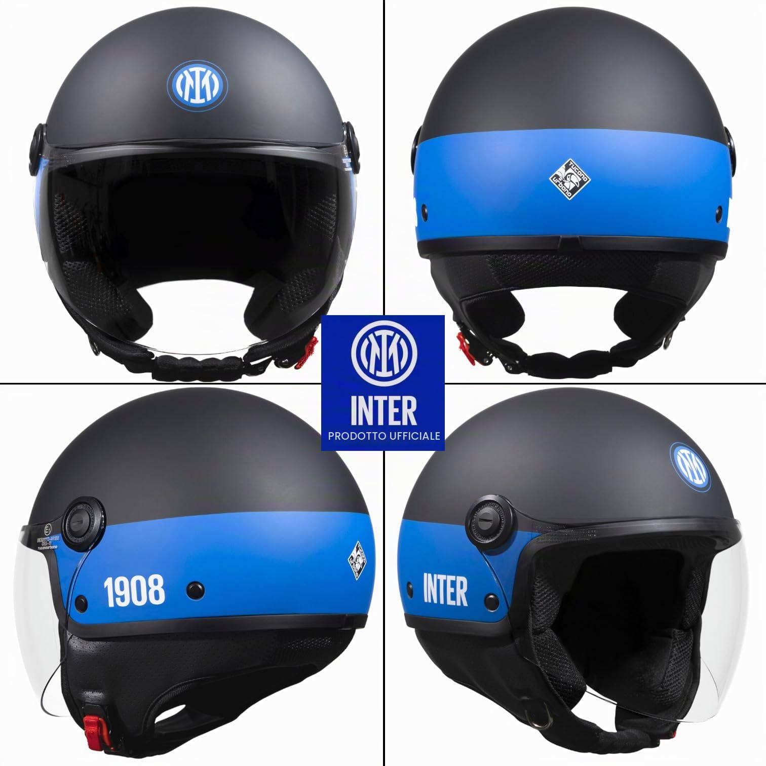 Tucano Urbano casco demi jet unisex EL'JETTIN INTER. Casco moto in policarbonato con grafica originale Inter FC. Casco estate inverno omologato ECE 22.06. Prodotto con Licenza Ufficiale. Nero Tg. S