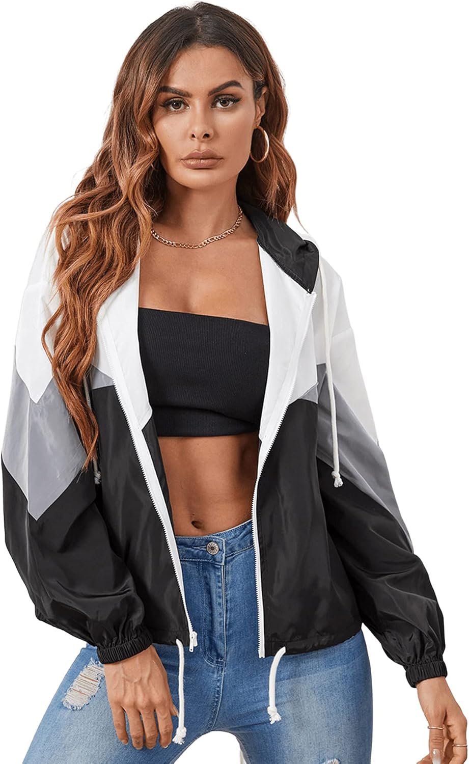 Floerns Women's Color Block Hooded Casual Thin Windbreaker Jacket